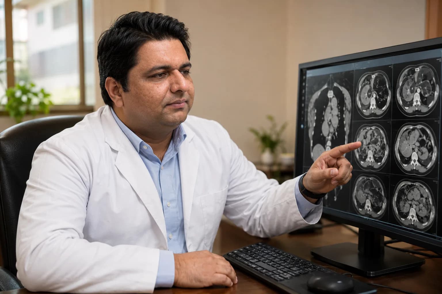 Dr Gaurav Kohli reviewing a CT scan on a diagnostic monitor