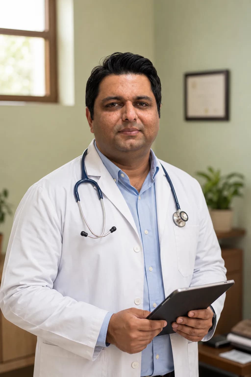 Dr Gaurav Kohli in his clinic with a stethoscope and clipboard