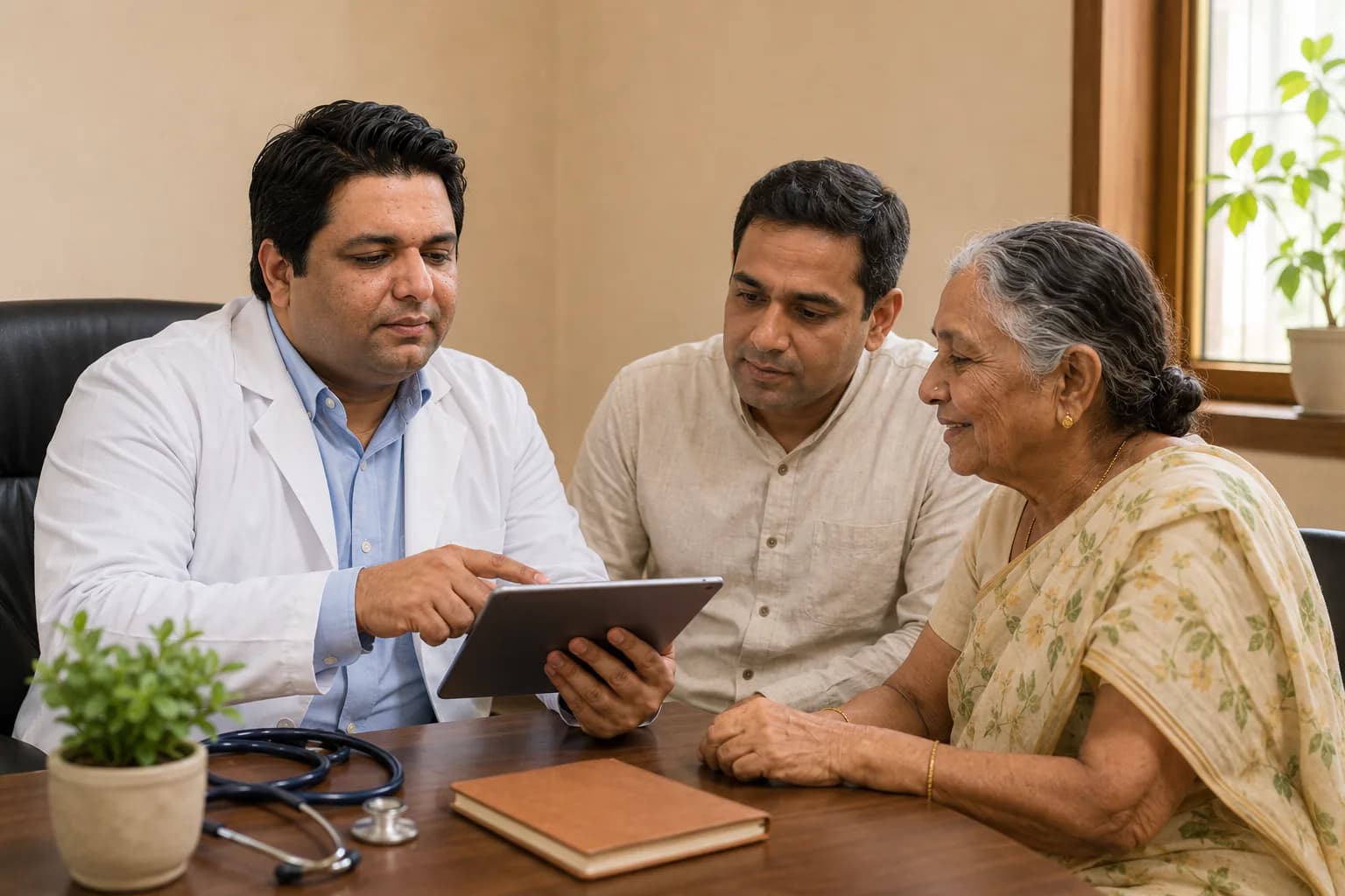 Dr Gaurav Kohli consulting with an Indian family in his clinic